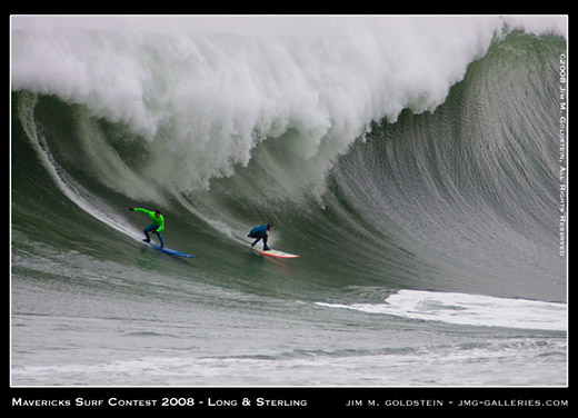 Greg Long and Jamie Sterling drop in on a huge wave at Mavericks Surf Contest 2008 photo by Jim M. Goldstein