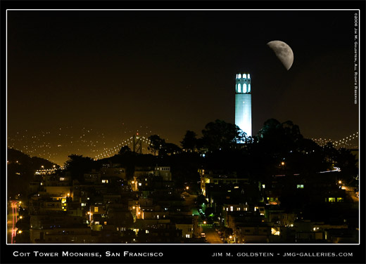 Coit Tower Moonrise in San Francisco, cityscape photo by Jim M. Goldstein