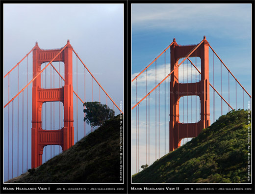 Golden Gate Bridge as seen from the Marin Headlands and missing tree photo by Jim M. Goldstein