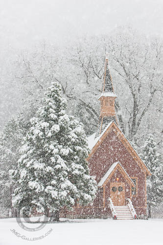 Yosemite Valley Chapel in Snow Storm photo by Jim M. Goldstein