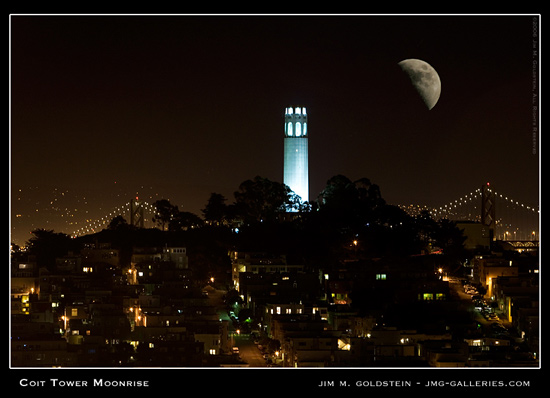 Coit Tower Moonrise, San Francisco cityscape by Jim M. Goldstein