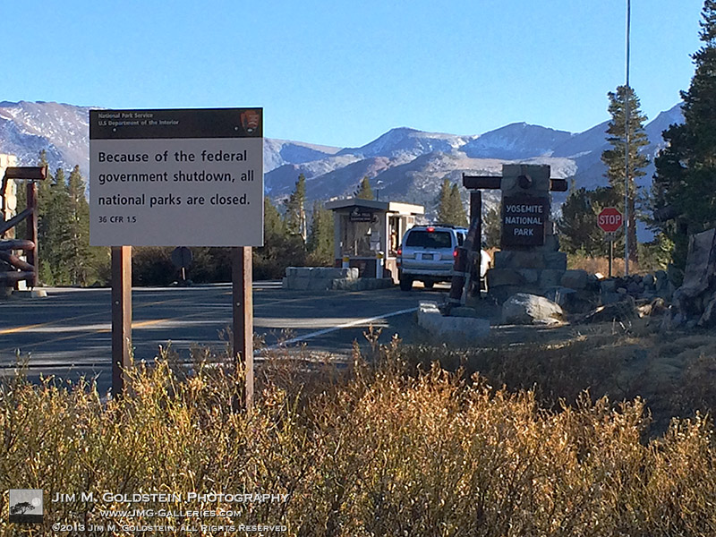 Tioga Pass East Entrance with Sign - 2013 Federal Shutdown - Yosemite National Park