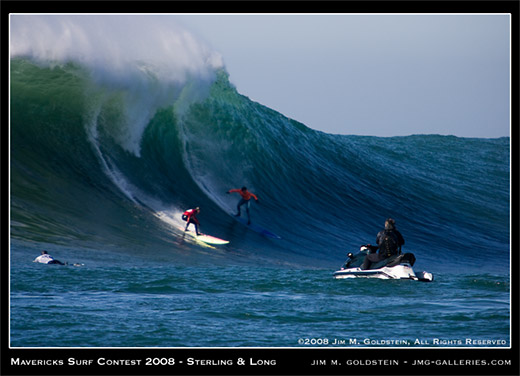 Jamie Sterling and Greg Long battle it out in the finals of the Mavericks Surf Contest 2008 photo by Jim M. Goldstein