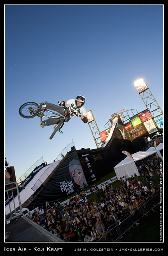 Koji Kraft getting big air on the vert ramp at Icer Air sports photo by Jim M. Goldstein