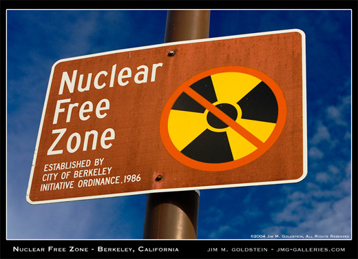 Nuclear Free Zone sign in Berkeley California stock photo by Jim M. Goldstein